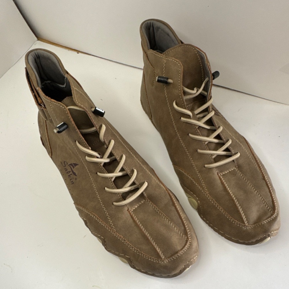 Salkin Men's Brown Lace-Up Ankle Chukka Boots Solid Logo Accent
